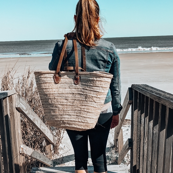 Straw Bag French Market Style Basket Beach Tote - Picture 4 of 5